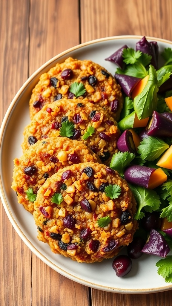 Golden quinoa and black bean patties on a plate with greens and cilantro garnish.
